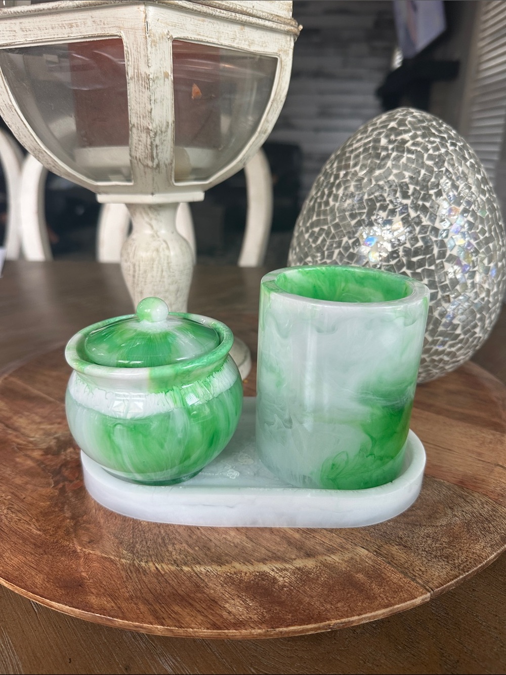 Marbleized Green resin Vanity Set with Tray